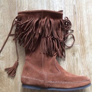 Soft Suede Double Fringe Traditional Women's Moccasin By MINNETONKA
